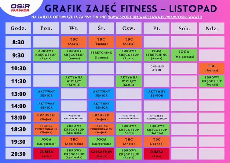 Nowy grafik zajęć fitness OSiR Wawer: listopad 2026